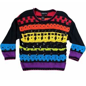VTG '91 Spree International Rainbow Bejeweled Knit Grandmacore Sweater Sz M RARE
